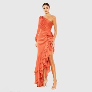 Mac Duggal 49531 NWT Orange One Sleeve Cut Out Asymmetrical Ruffled Gown
